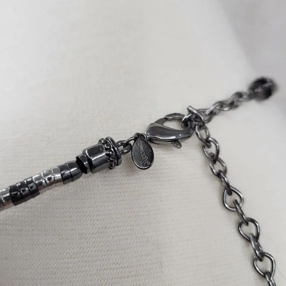 Chicos Silver Gunmetal Tone Y Drop Ball Tassel Link Articulated Necklace 29-33” - Picture 8 of 9